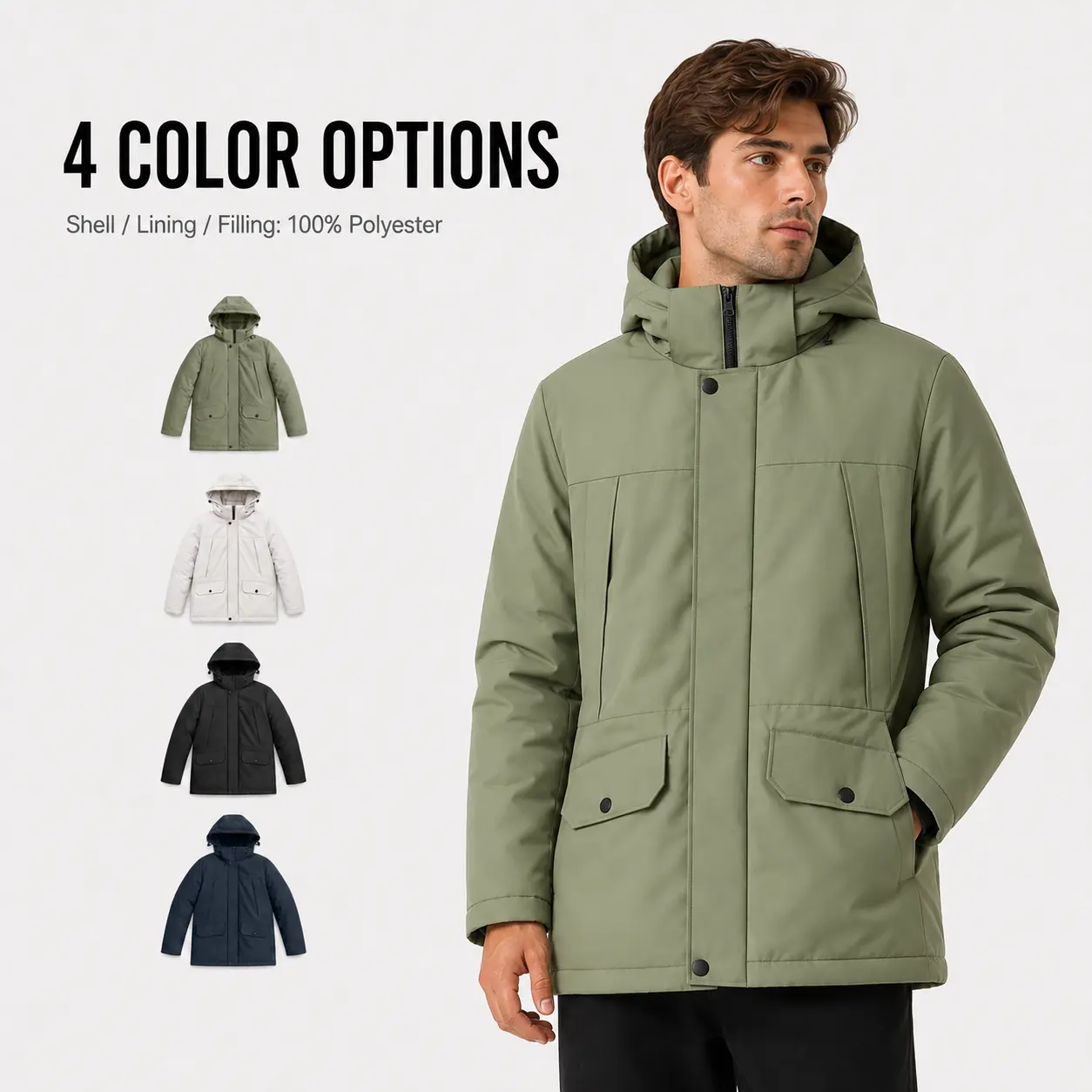 Men’s Winter Hooded Parka Jacket Warm Padded Coat with Multi Pockets Casual Outdoor Cold Weather Outerwear for Daily Wear Travel Work Trendy Winter Essential