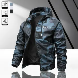 Men’s blue camouflage hooded windproof jacket, full zip closure, “Sports” themed print, adjustable hood drawstring, elastic cuffs, waterproof and abrasion-resistant fabric, suitable for hiking, outdoor activities, and everyday casual wear.