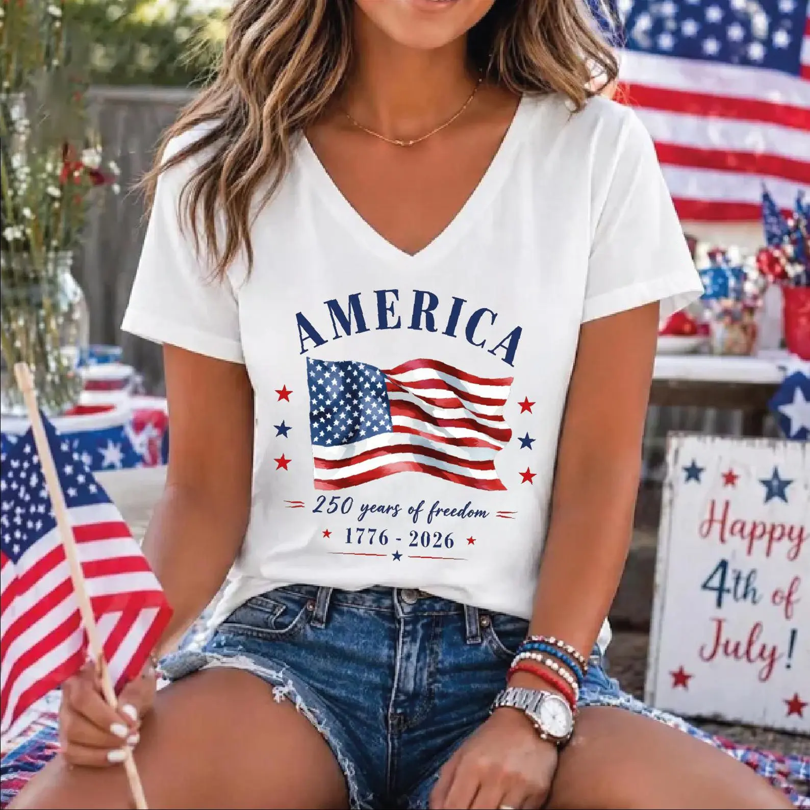 America 1776-2026 Vneck Shirt, America Flag Sleeve Print Vneck, 4th Of July Vneck