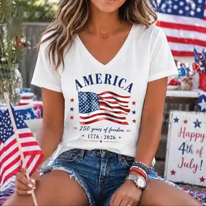 America 1776-2026 Vneck Shirt, America Flag Sleeve Print Vneck, 4th Of July Vneck