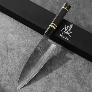 YUANREN 8" Krouchi 2-Sided Deba VG-10 Damascus Blade 67 Layers Prototype Hammered Texture Ebony Wood Handle Marble Textured Natural Material Cap and Bottom Copper-Nickel Alloy Rings