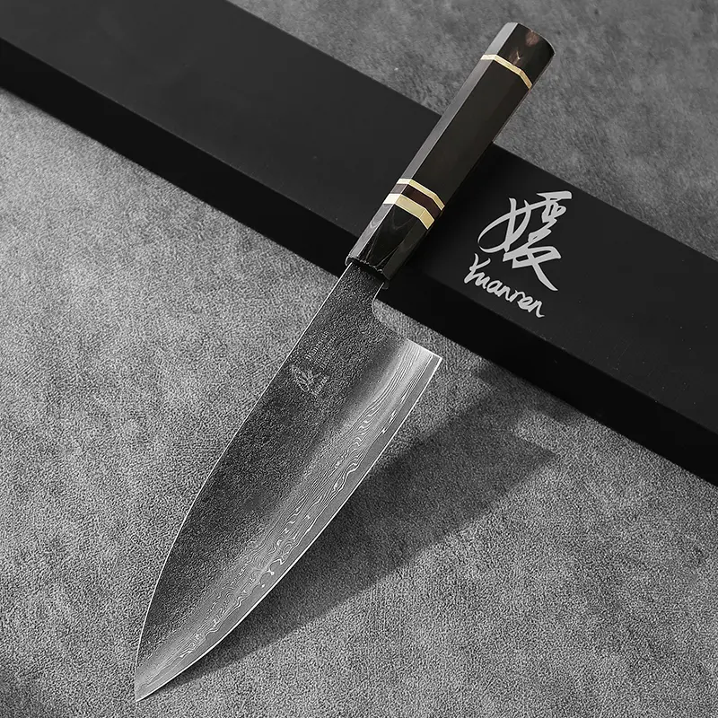 YUANREN 8" Krouchi 2-Sided Deba Knives, VG-10 Damascus 67-Layer Prototype Hammered Blade, Ebony Wood Handle, Marble-Textured Natural Material Cap & Bottom, Copper-Nickel Alloy Rings