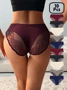 10 Pack Leopard Lace Hollow Low Rise Women's Lingerie Panties, Soft Stretchable Lace Trim Underwear for All Seasons, Comfortable Fit Women's Underwear Set