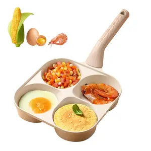 Multifunctional Non-stick Egg Frying Pan – 4 Holes Skillet with Wooden Handle, Medical Stone Omelet Maker for Pancakes, Burgers, Breakfast & Quick Cooking at Home.Non-stick Beige Cookware frying pan.Nonstick Woks