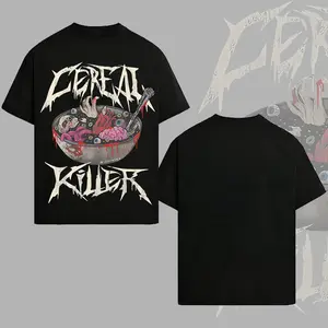 Men's "Cereal Killer" Thrash Metal Graphic T-shirt, Dark Humor Horror Breakfast Oversized Streetwear Tee，Edgy Serial Killer Pun T-shirt, Gore Body Part Horror Graphic Cotton Tee for Men，A birthday gift for grain lovers