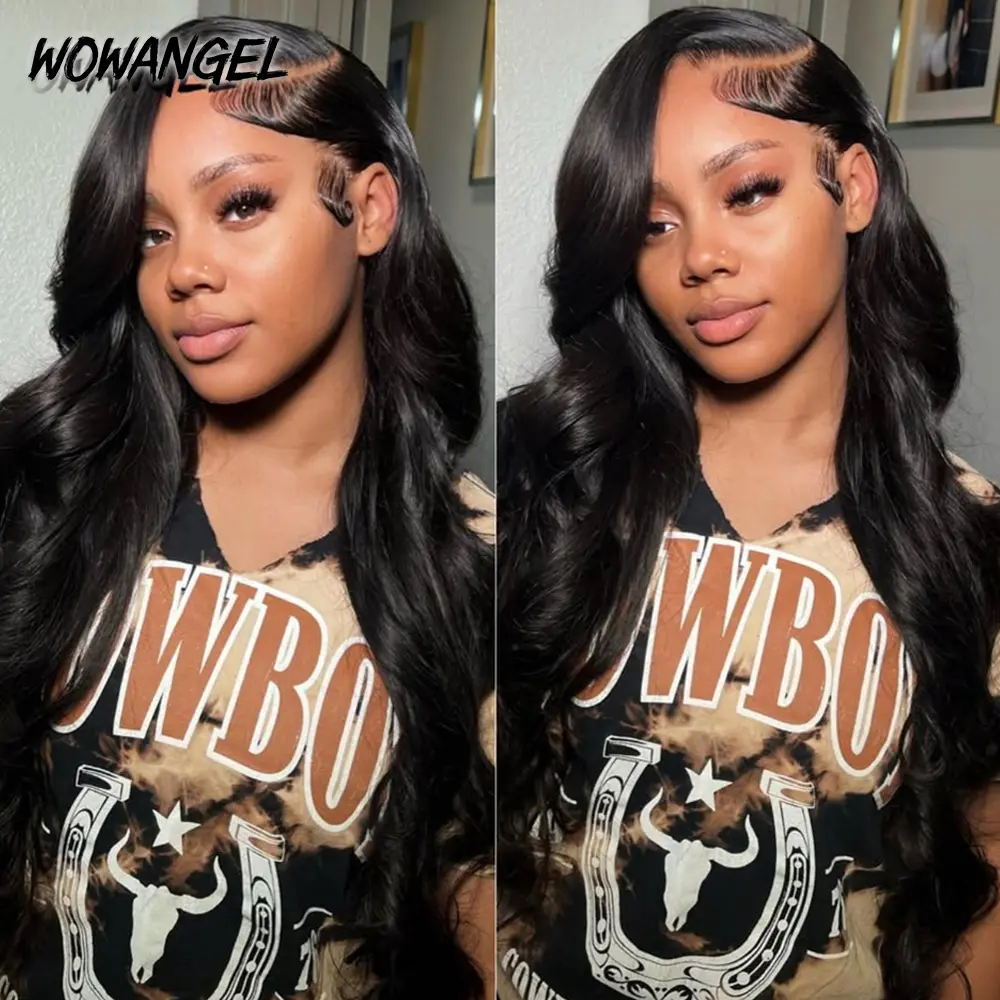 WOWANGEL 13x6 Full Lace Frontal Wig 250% Density Ear to Ear Bigger Lace Body Wave Ultra-thin SKINLIKE Real HD Lace Frontal Wig Real Human Hair Wig Straight Pre Plucked Natural Hairline Pre Bleached Knots 180% Density 22inch Natural Black For Women