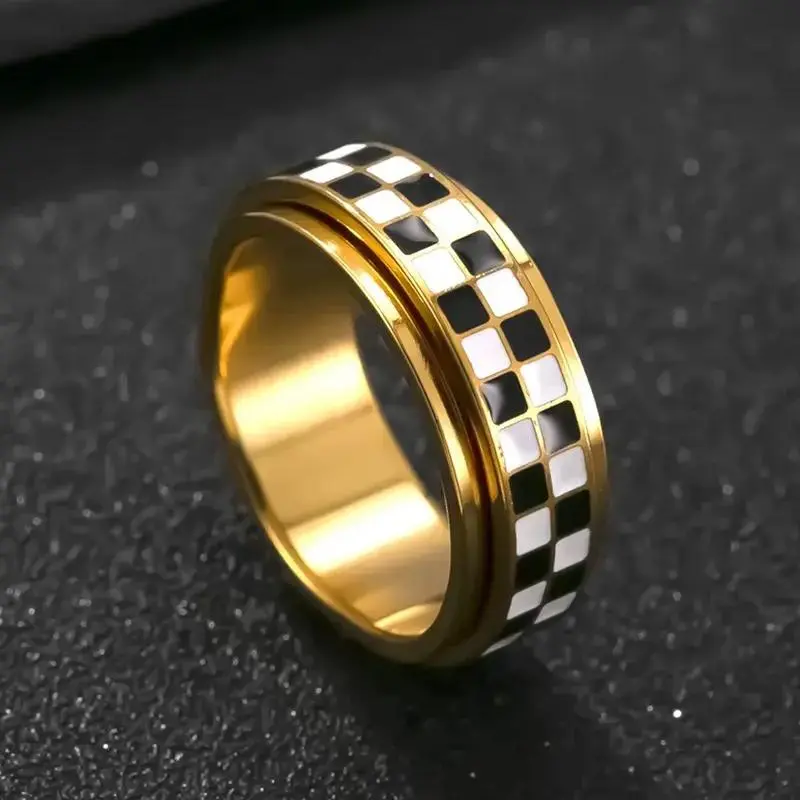 Serelune Jewelry B Stainless Steel Checkered Rotating Stress Relief Adjustable Ring, Unisex Casual Daily Wear, Simple Chessboard Design Jewelry