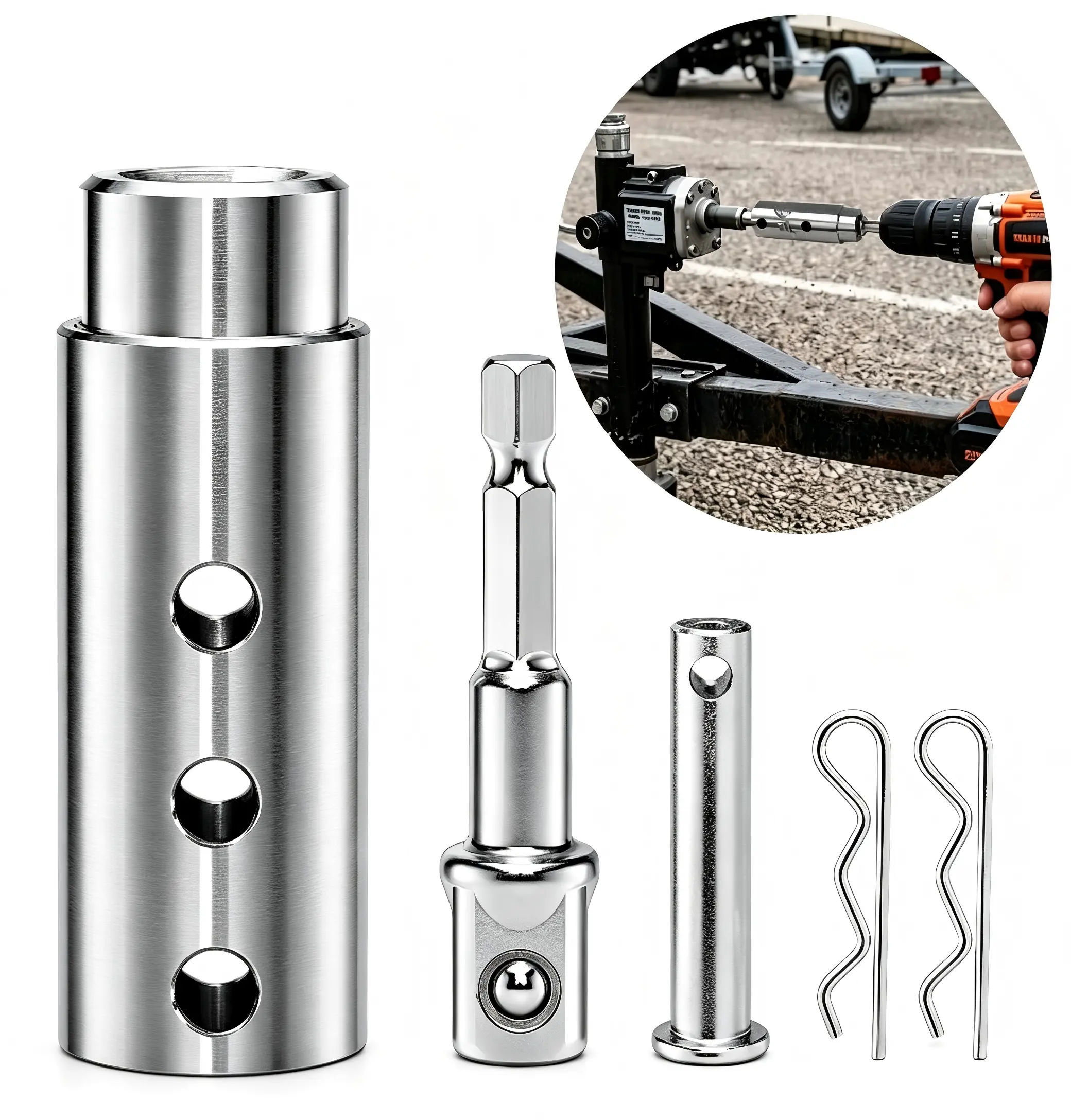 Trailer jack drill adapter with 1 Inch Jack Drive Shaft, Heavy Duty Stainless Steel with 1/2" Socket Bit for RV, Construction, Dump Trailers