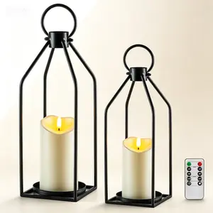 Outdoor Farmhouse Candle Lantern Set with Remote Timer, 2-Pack Black Metal Battery Operated Lanterns for Home Decor, Waterproof Flameless LED Candles for Patio Porch Living Room Table