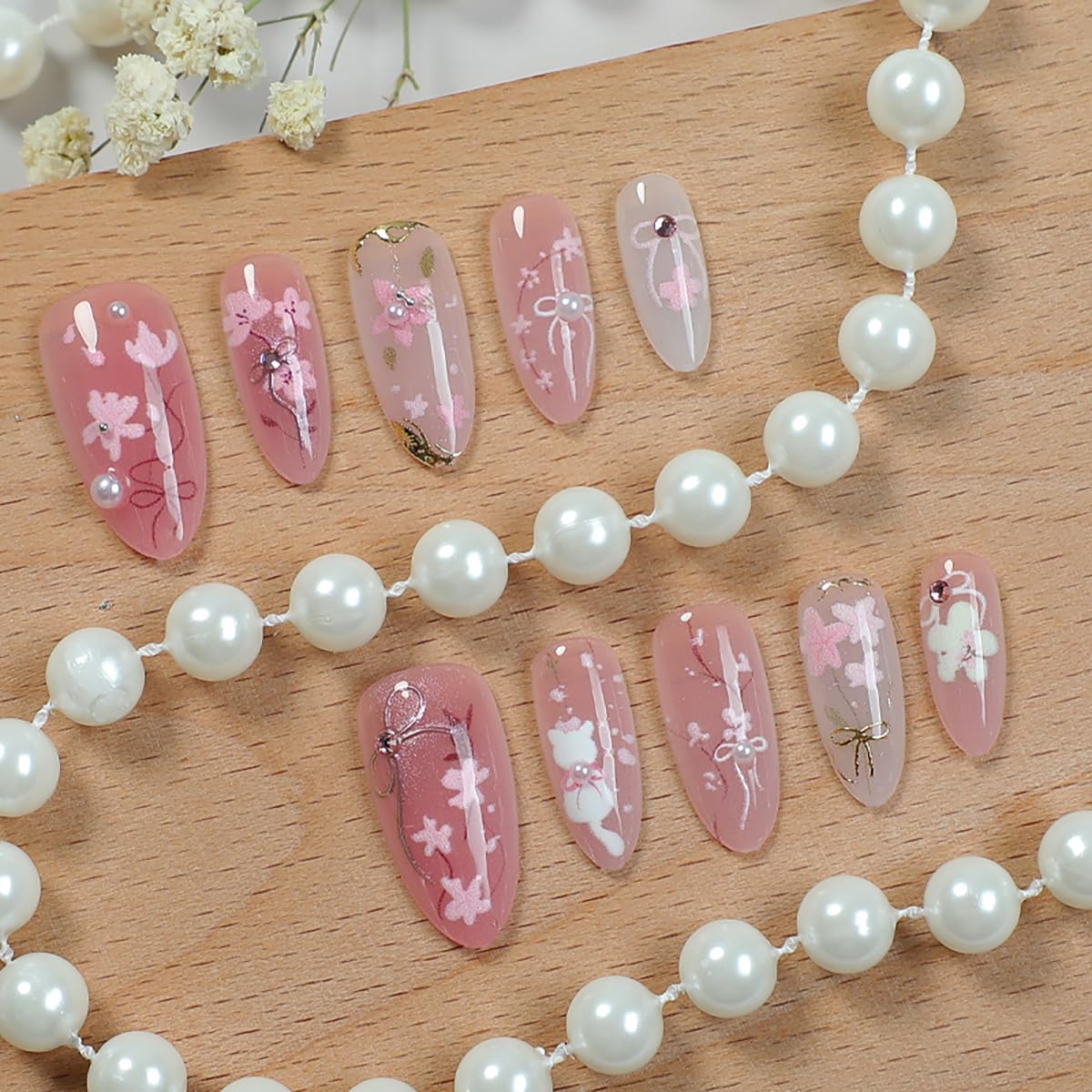 30Pcs Pink Flower Press on Nails Medium Almond Fake Nails Peach Blossom with 3D Rhinestones Pearl Gold Glitter Design Artificial Cute Cat Nails Stick on Nails Spring False Nails for Women Acrylic Nail