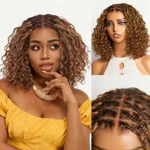 Ombre Brown Highlight Boho Braids Deep Curly Glueless 5x5 Closure Lace Short Curly Wig 100% Human Hair Pre-Cut Lace