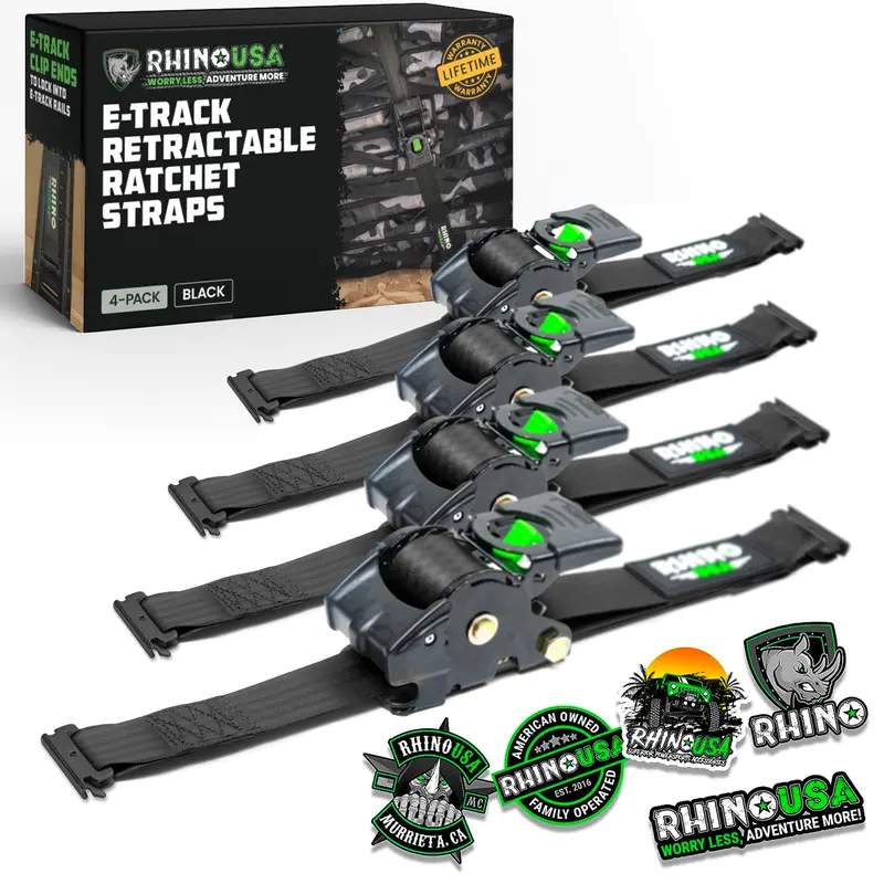 Rhino USA 2”x10’ Retractable E-Track Ratchet Straps: 3033lb Max Break Strength Compatible with E Track Rail Systems only