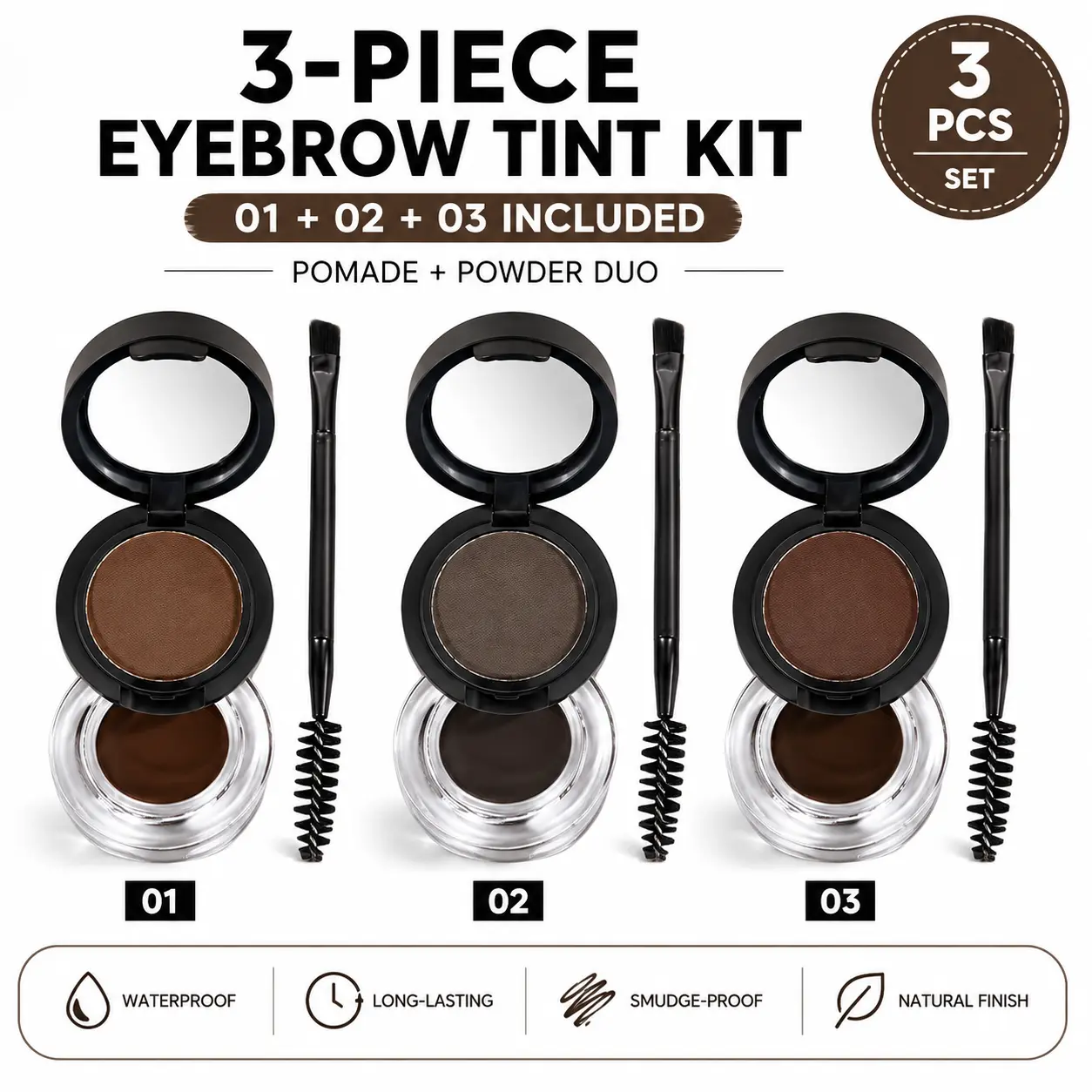 3-Piece Eyebrow Pomade & Powder Kit, 2-in-1 Brow Makeup Set, 3 Shades with Dual-Ended Brow Brushes, Waterproof Smudge-Resistant Long Lasting Eyebrow Kit#backtoschool# fork tip eyebrow pen