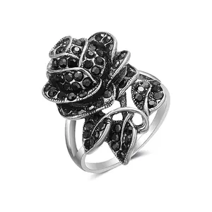 Aprilery Statement Rose Ring – Vintage-Inspired Black Crystal Flower Jewelry for Women