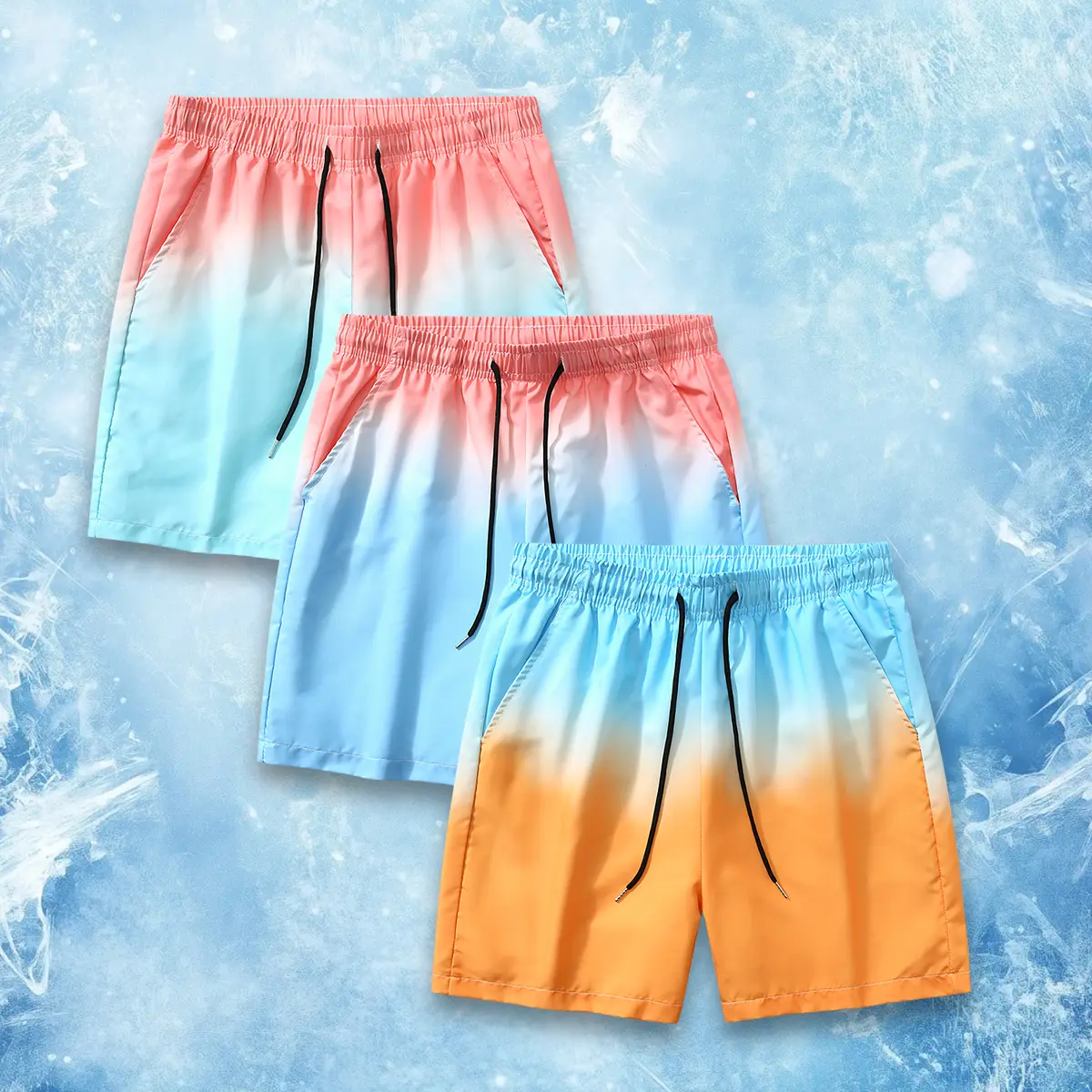 Men's summer shorts, gradient color, ice-sense quick-drying beach pants, sports leisure five-point pants, fashionable trend drawstring waist trousers, suitable for daily leisure, beach, sports wear.
