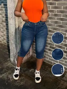 Women's Plus Size Tight-Fitting Button Pocket Trendy Denim Jean Seven-Quarter Pants, Casual Style, No Ca Prop 65 Warning