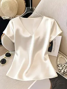 Fashion Simple Heart Neck Satin Short Sleeve Top, Elegant Women's Blouse Shirts for Casual Wear, Stylish Summer Clothing, Minimalist