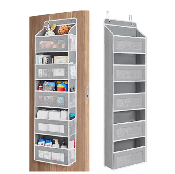5-Layer Drill-Free Hangable Wall-Mount Mesh Caddy, 16.54in×10.63in×1.97in Black & Gray Home Supplies Organizer with Metal Racks, Easy Installation Storage Bag for Small Spaces & Bedroom Storage