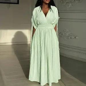 ChicMe Women's Green Dress Striped V Neck Drawstring Sleeve Shirred Waist Maxi Dress Casual Vacation Dress