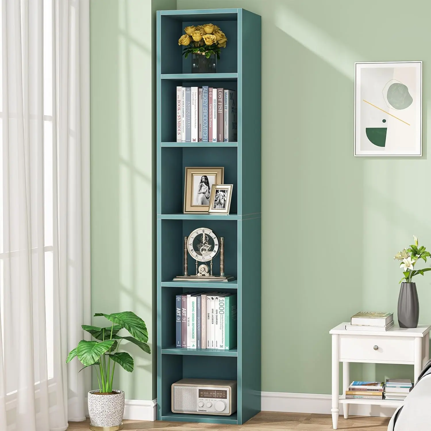 TRIBEWOOD MDF Wood 70.9"H Narrow Corner Bookcase - Self-Assembled 6-Tier Cubes, 70.9"h×11.8"w×11.8"d Durable Storage Unit with Anti-Tips Kit, Assembly Required for Home Office, Living Room