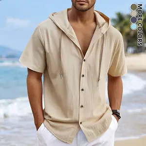Men's Breathable Hooded Shirt - Short Sleeve Casual Button Down Polyester Top for Summer Outdoor & Beach Activities