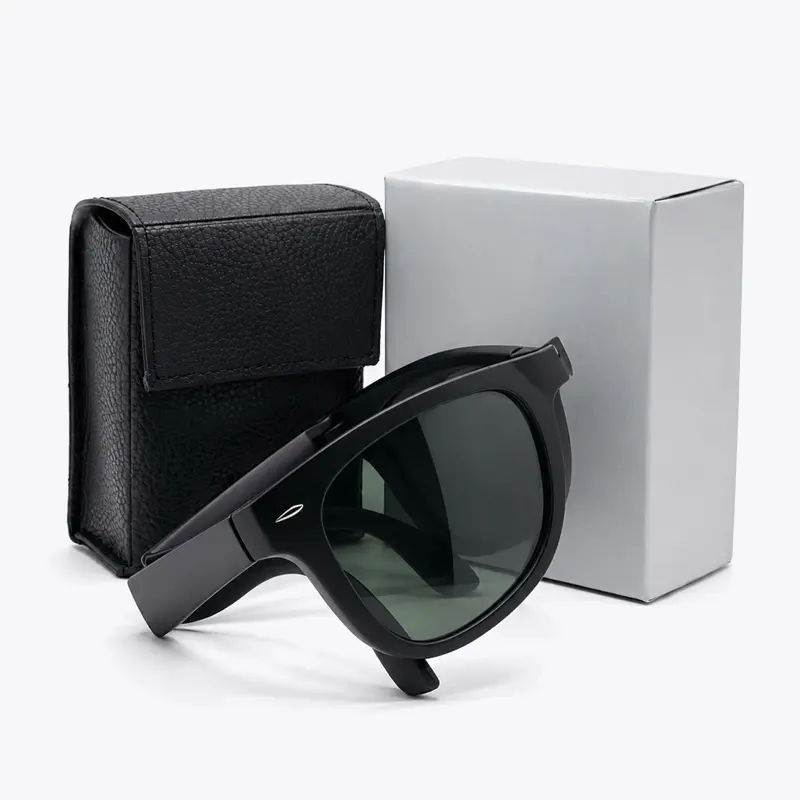 Folding Wayfarer Sunglasses - Matte Black Frame with Green Lens, Comfortable and Compact for Traveling