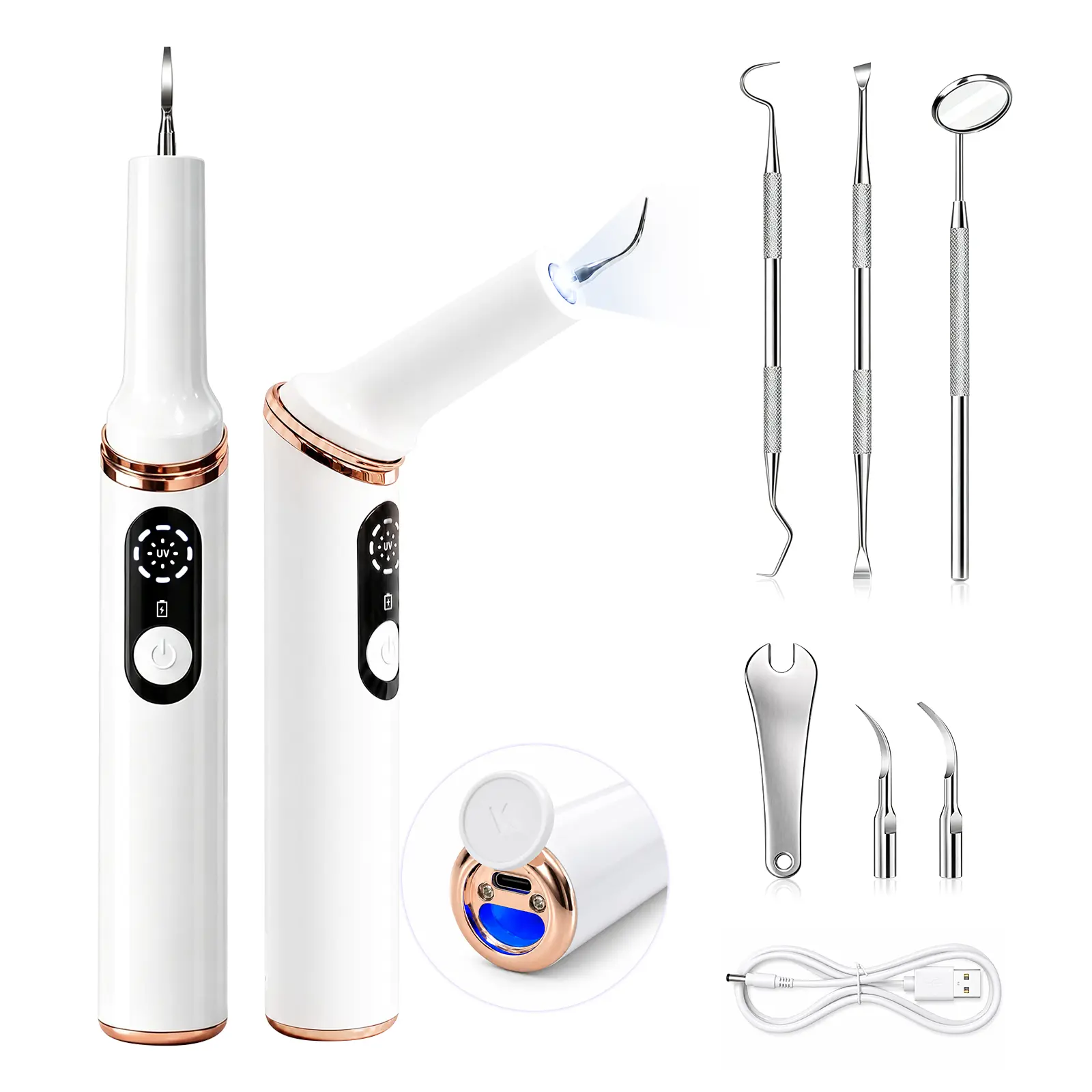 Ultrasonic Teeth Cleaner & Tartar Remover, Electric Dental Scaler with LED Light, Rechargeable Plaque Cleaning Kit with UV Sanitizing Base