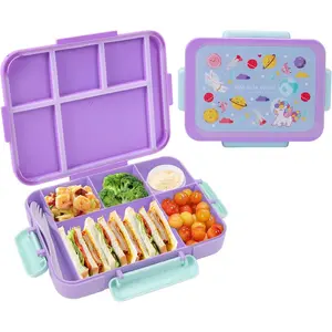 Leakproof Children Lunch Container 5 Compartment Bento Box With Utensils Microwave Safe Dishwasher Safe BPA Free Kids School Travel Camping