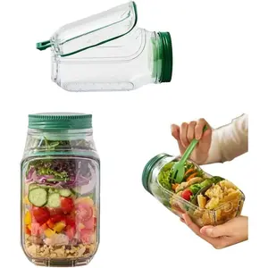 Portable salad canister with a leak-proof seasoning compartment. A fresh and convenient meal-prep container for lunch salads. It can store salads in vertical layers and is reusable and stackable as a kitchen item