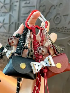 Vintage Versatile Mini Dumpling Bag Coin Purse Keychain with Woven Rope Strap, PU Leather Mini Pouch Hanging Charm Pendant Beaded Bow Bag Charm Accessories, Small Bag Keyring Lanyard Car Key Phone Charm Backpack Hanging Handbag Charms Mother's Day Gift