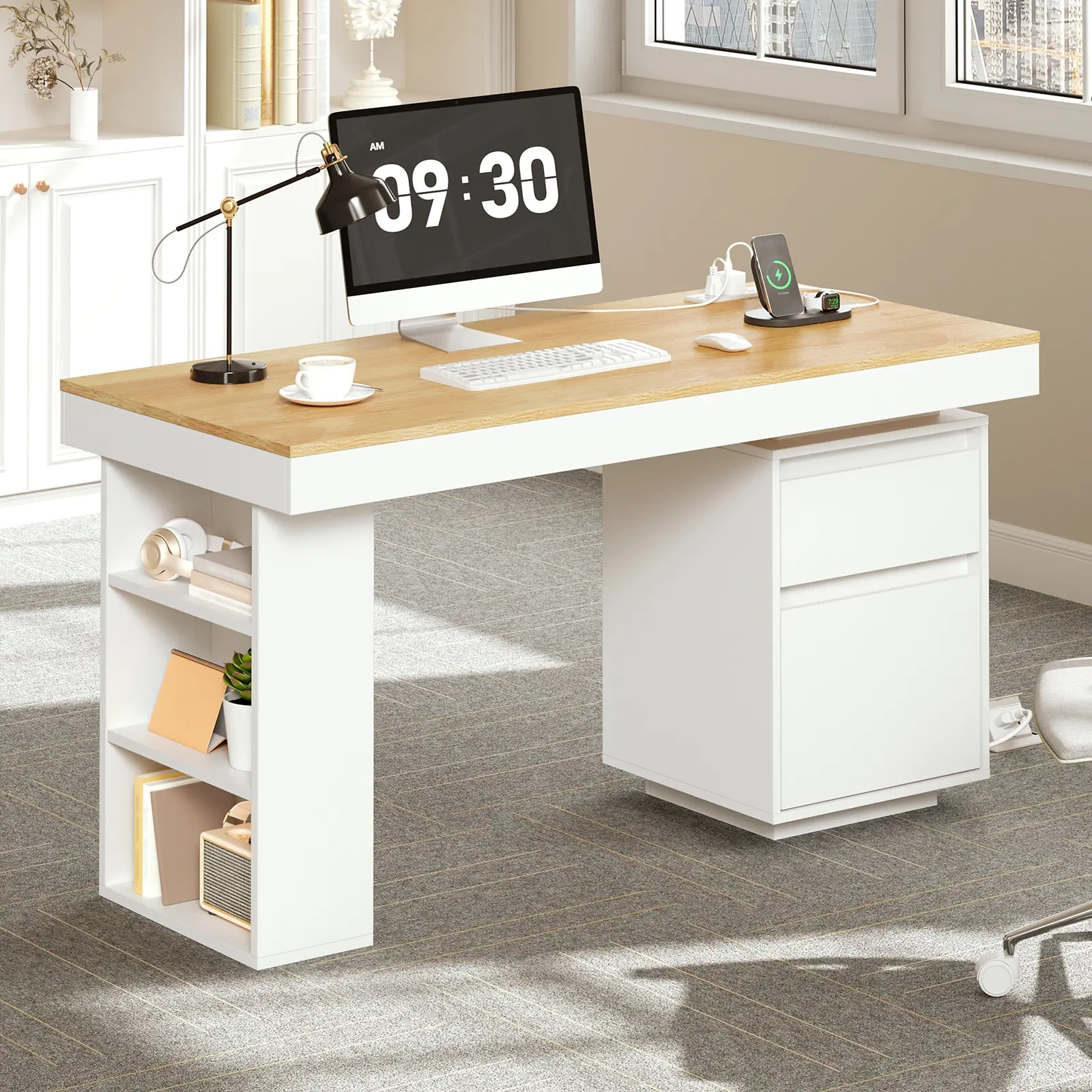 55'' Minimalist Modern Executive Particleboard Wooden Rectangle Desk - Furniture Drawer, File Compartment, Charging Hub (2 AC Outlets, 1 USB-C Port), 3-Tier Open Side Shelf (20 lb Per Shelf), Home Office Organization Unit, Natural & White Finish