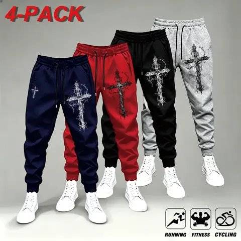 Men’s Gothic-Style Printed Sweatpants, 1–4-Pack – Navy Blue, Red, Black, Gray – Adjustable Drawstring, Comfortable, Stylish – Men’s Slim-Fit Joggers – Suitable for Running and Casual Streetwear