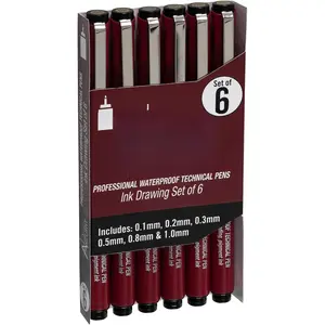 Technical Pens - Professional  Technical Pen, Rich Blank Ink, Acid-Free, Light , for Sketching, Drawing, CAlligraphy, & More! - [6-Pack - Assorted Sizes]