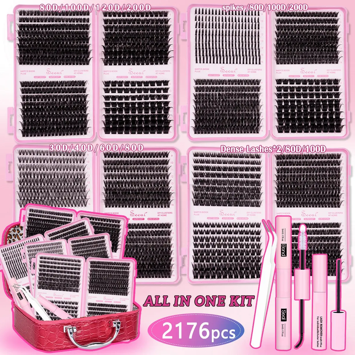 10 Styles Lash Extension Kit, 2176pcs DIY Cluster Lashes 80/100/120D, Long Lasting Waterproof, DIY Eyelash Extensions, Volume Lashes Clusters with Bond&Seal, Remover, Tweezers, Individual Lash Clusters