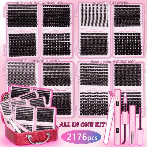 10 Styles Lash Extension Kit, 2176pcs DIY Cluster Lashes 80/100/120D, Long Lasting Waterproof, DIY Eyelash Extensions, Volume Lashes Clusters with Bond&Seal, Remover, Tweezers, Individual Lash Clusters, Eyelash Cluster Kits