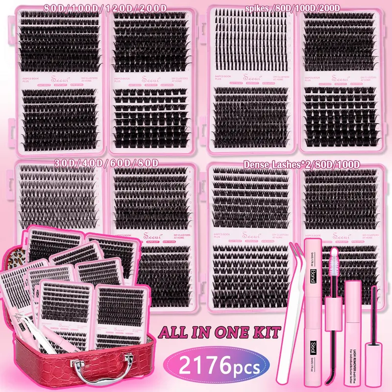 10 Styles Lash Extension Kit, 2176pcs DIY Cluster Lashes 80/100/120D, Long Lasting Waterproof, DIY Eyelash Extensions, Volume Lashes Clusters with Bond&Seal, Remover, Tweezers, Individual Lash Clusters, Eyelash Cluster Kits