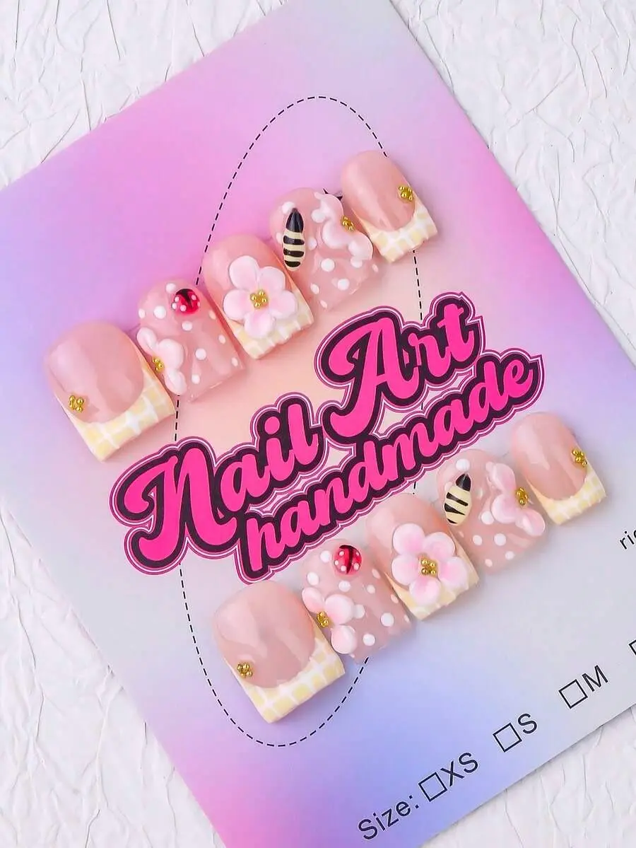 10pcs Handmade Square Press On Nails, Y2K Nude Cream Yellow French Tip with 3D Flower Bee & Ladybug Designs, False Nails Kit with Tools, Perfect Gift for Women Girls