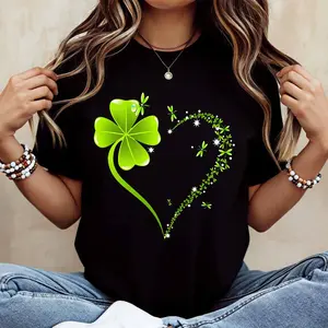 Women Casual T Shirt Lucky Clover Heart Design St Patrick Day Celebration Apparel