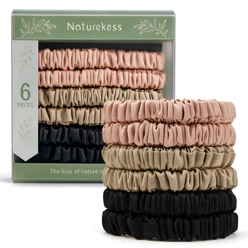 NATUREKESS 6Pcs 100% Silk Hair Accessories Kit - Women's Thin Elastic No-Damage Hairbands & Scrunchies (2 Circles and 3 Circles), Fashionable Black&Beige&Pink Set for Casual Ponytails, Sleep, Styling Yourself