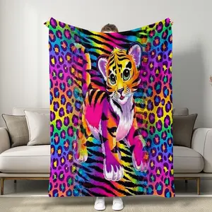 1 Piece Rainbow Tiger Cub Themed Leopard Print Throw Blanket, Soft Fluffy Blanket, Retro Lisa Frank Style, Soft, Plush, Great For Home Relaxation, Nostalgic 90s Fans' Decor