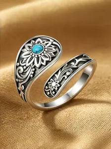 1pc Vintage Turquoise Lotus Open Ring, 925 Silver Plated, Adjustable Boho Floral Statement Ring, Retro Western Style, for Women, Bohemian Jewelry, Stackable Finger Ring, Gift