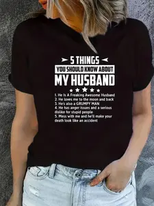 My Husband Print Wife Graphic T-Shirt, Short Sleeve Crew Neck Casual Top For Spring & Summer, Women's Clothing cotton Comfort Tshirt Womenswear Collar
