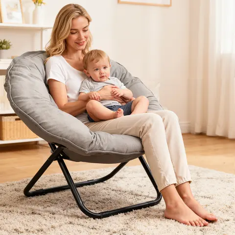 Grezone Modern Round Fixed Hug-Like Back Cozy Leisure Chair - Durable Faux Fur Foldable Single Seat, Soft Cushion, Armrest, X-Bracket Stable Metal Frame, Fully Assembled Indoor Lounge Chair for Living Room, Bedroom familyfun