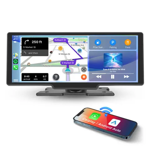 Podofo 10.26" HD IPS Carplay Radio Touchscreen - 7-32V Portable Stereo, Wireless CarPlay & Android Auto Adapter, Voice Control, Backup Cam Ready, FM/Aux Audio Out with 3m Aux Cable, Speakers, Quick Plug-N-Play Car Video Player for Spanish, German Vehicles