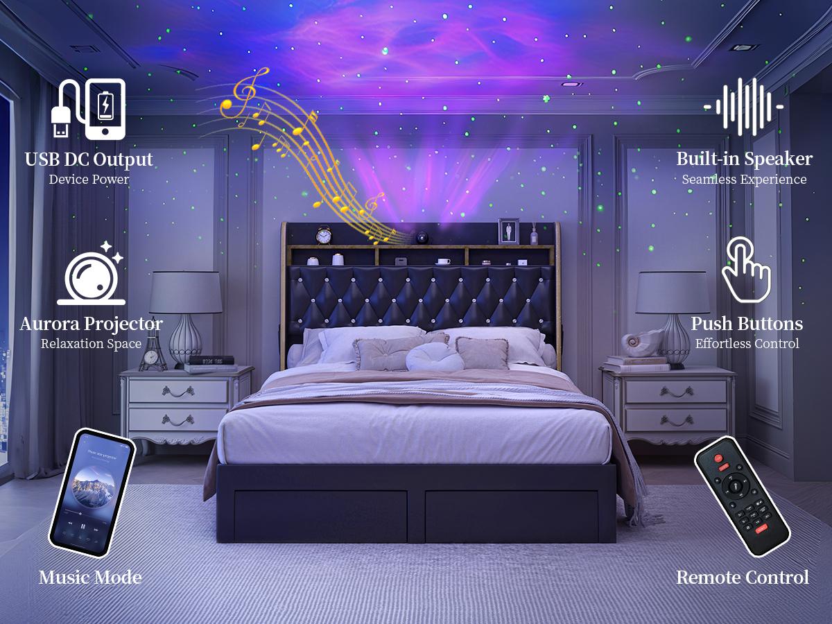 [Father's Day Gift] Queen LED Bed Frame with Galaxy Star Projector, Built-in Speaker & Charging Station, Luxury Upholstered Platform Bed with 2 Storage Drawers & 2-Tier Headboard, Noise-Free Modern Bedroom Furniture, Black