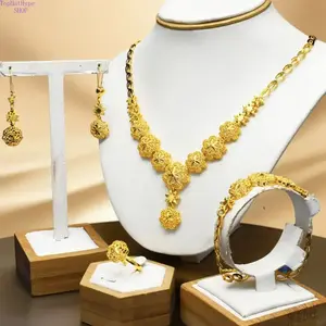 Gold Plated Arab Style 4‑Piece Jewelry Set for Women, Simple Elegant Necklace Earrings Ring Bracelet Combo, Minimalist Daily Wear Bride Wedding Accessories, Ideal Summer Styling & Thoughtful Mom Gift