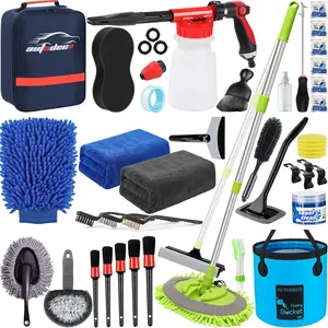 42Pcs Car Wash Detailing Kit Cleaning Kits with Foam Gun Sprayer Wash Brush with Long Handle Collapsible Bucket Large Wash Mitt Towels Complete Interior Exterior Car Washing Supply Set Blue