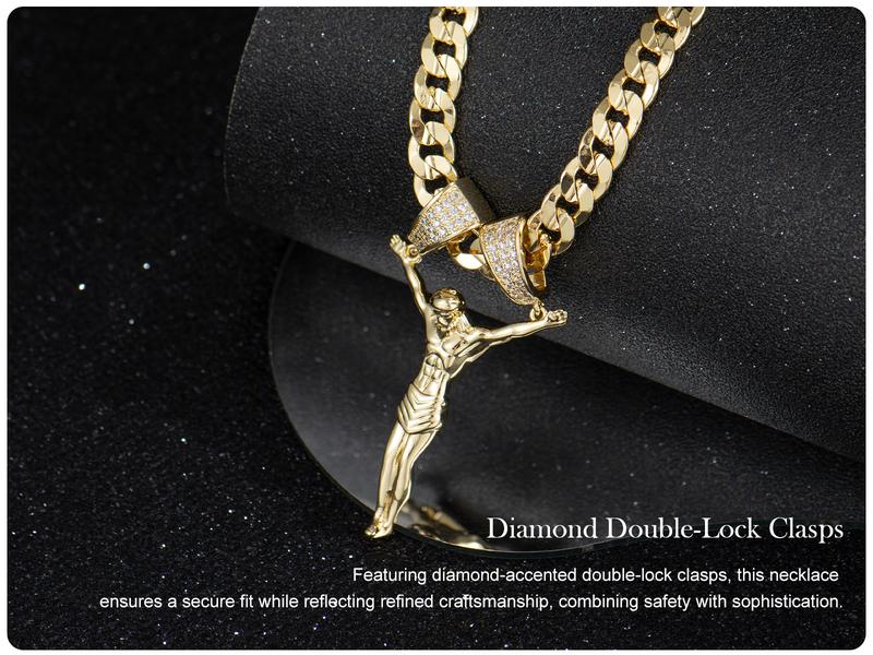 Holylegend 14K Real Gold-Plated Jesus Christ Pendant Necklace for Men and Women, 3D Christ Charm with Diamond Double-Lock Clasps, 24 inches Chain, Religious Gold Plated Jewelry Gift for Fashion Lovers