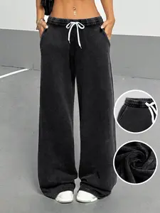 Street Fashion Loose Fit Pants, Drawstring Pockets, Elastic Waist, Adjustable, Casual Sporty Retro Vintage Women's Wide Leg Long Trousers, Comfortable and Convenient