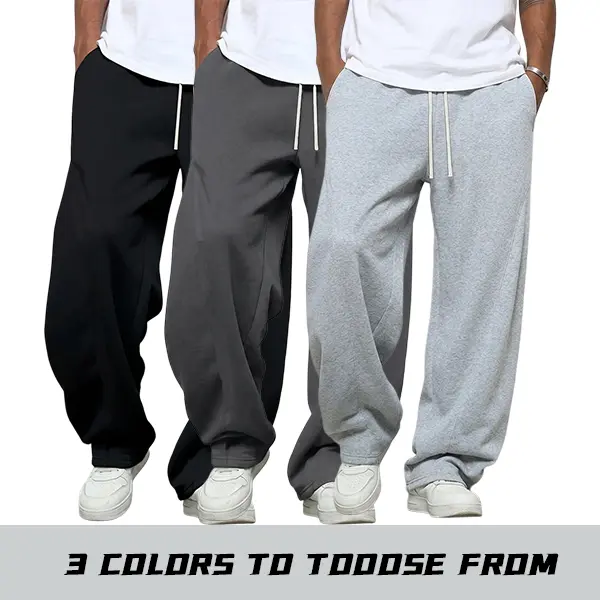 Men’s solid-color wide-leg athletic sweatpants with elastic drawstring, loose straight-leg long pants, soft skin-friendly casual trousers suitable for daily commuting, streetwear, and home leisure.